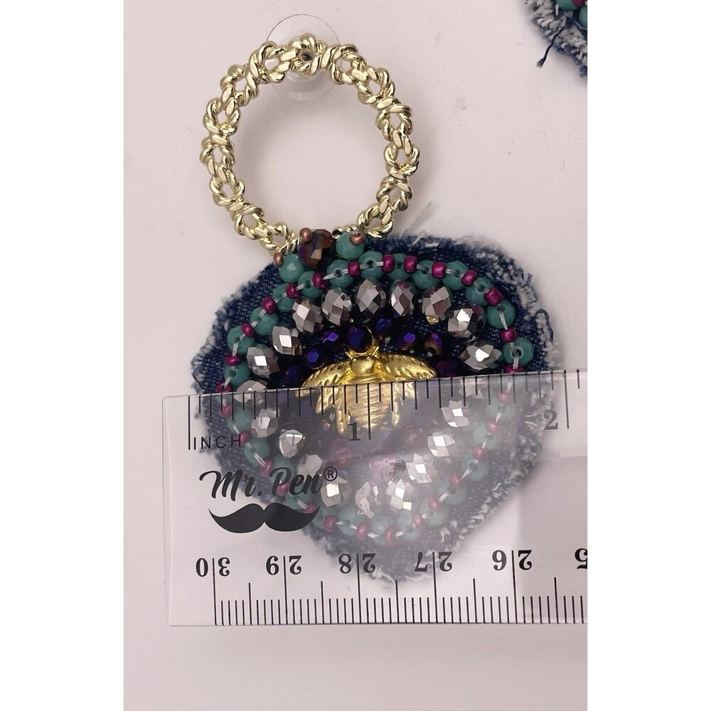 Unique Handcrafted MultiColor Beaded Gold Tone Bee Denim Statement Earrings - Picture 4 of 4